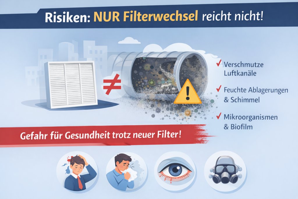 Nur die Filter einer Lüftungsanlage zu wechseln reicht laut VDI 6022 nicht aus. Deshalb reinigt Air-Tex GmbH diese Anlagen.