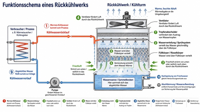 Funktionsschema Rückkühlwerk, Kühlturm Lebensmittelindustrie