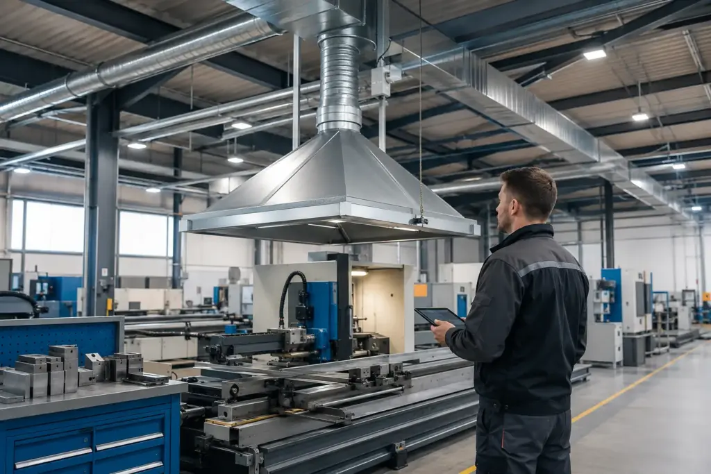 Industrielle Produktionshalle mit sichtbarer Prozessabluft und Lüftungskanälen