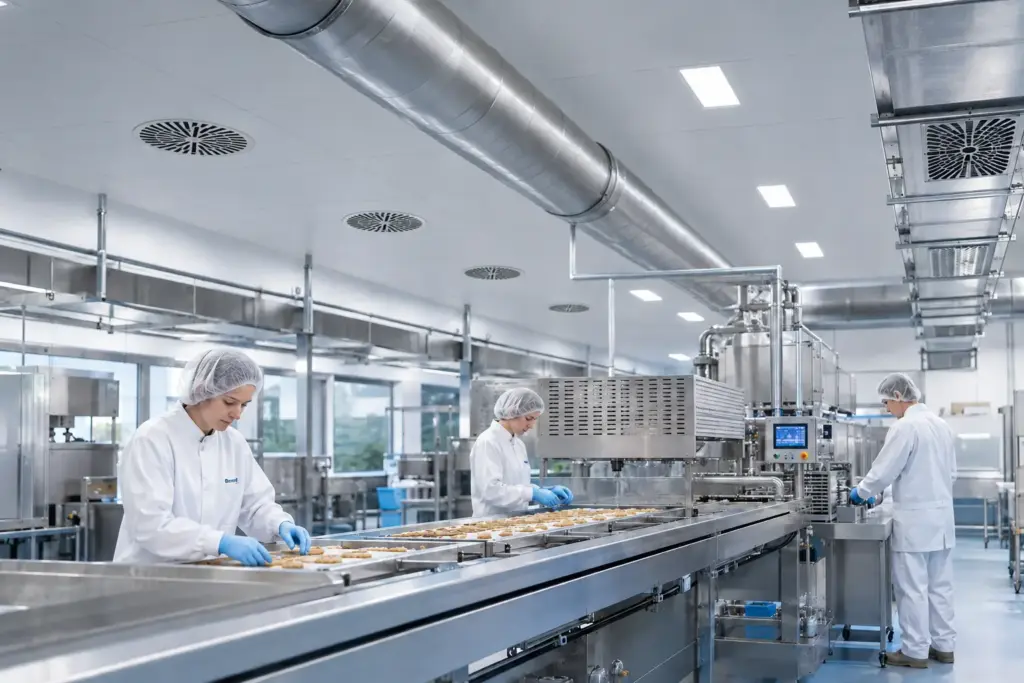 Hygienischer Lebensmittelproduktionsbetrieb mit Luftkühlern und technischen Lüftungsanlagen